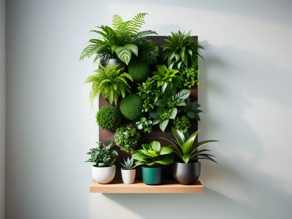 Un jardín vertical interior con estantes colgantes, plantas perfectamente podadas en un diseño minimalista y elegante