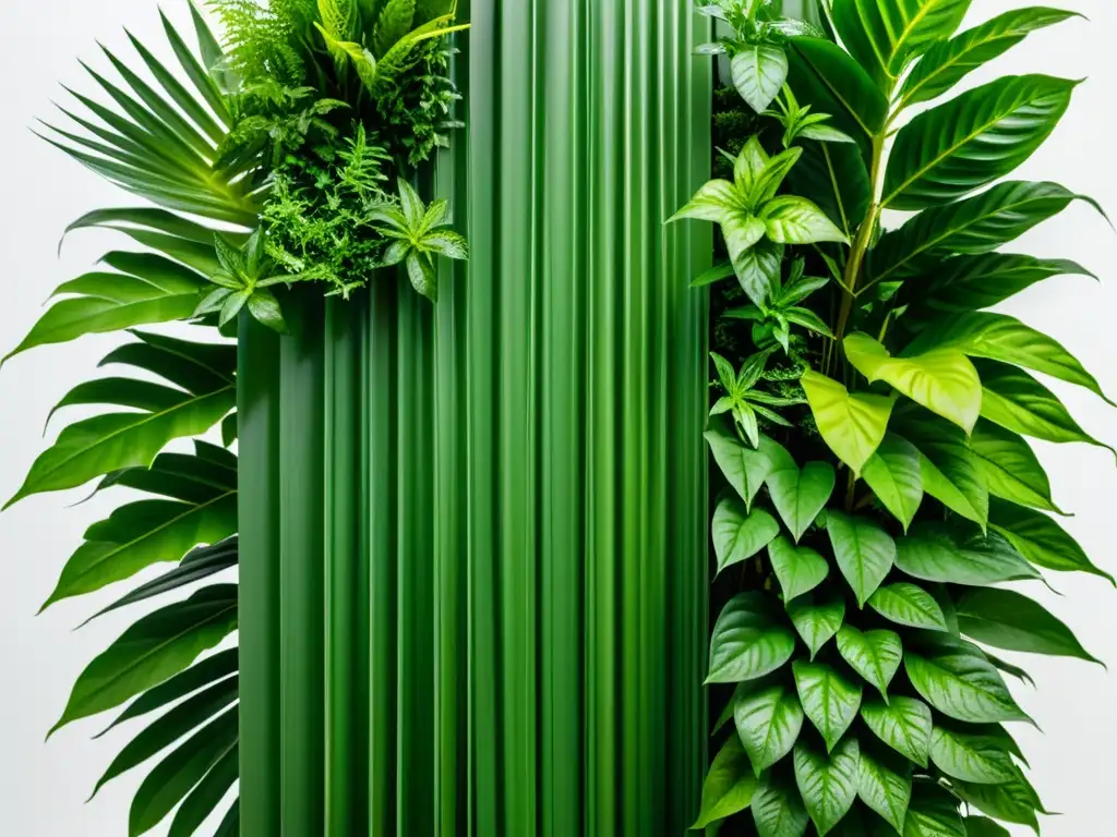 Un jardín vertical interior exuberante y detallado, con helechos, plantas araña y pothos, en un diseño minimalista