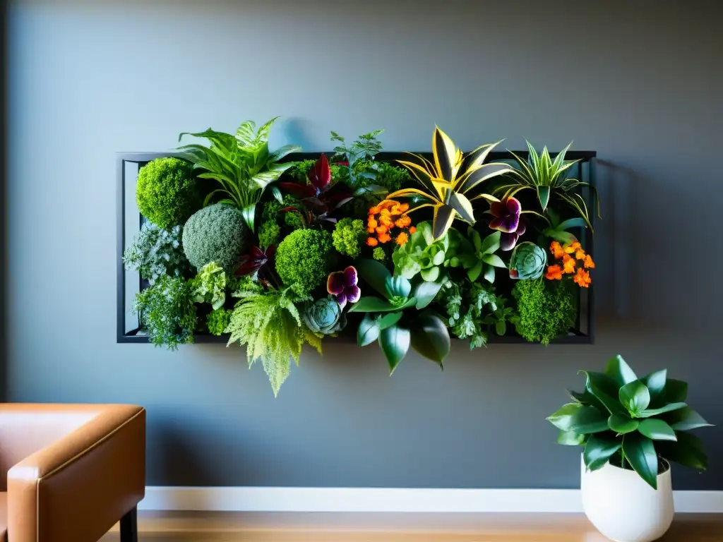 Un jardín vertical de diseño interior con vegetación exuberante y flores vibrantes, enmarcado en metal negro elegante