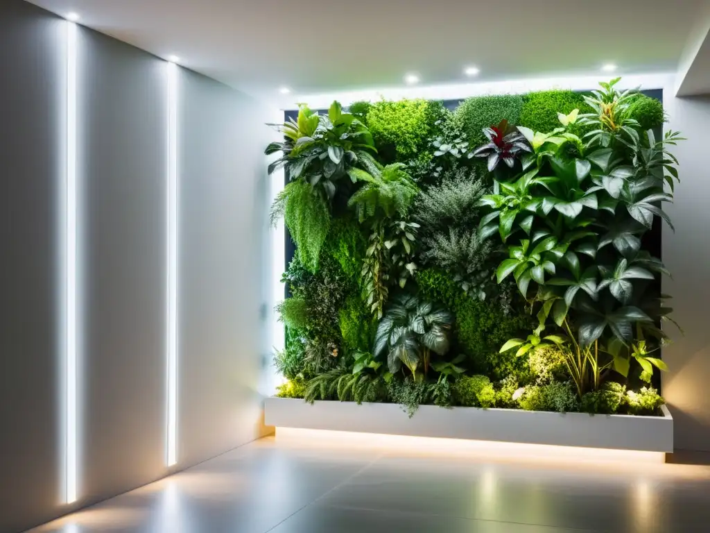 Un jardín vertical interior iluminado por LED, creando un ambiente sereno y acogedor