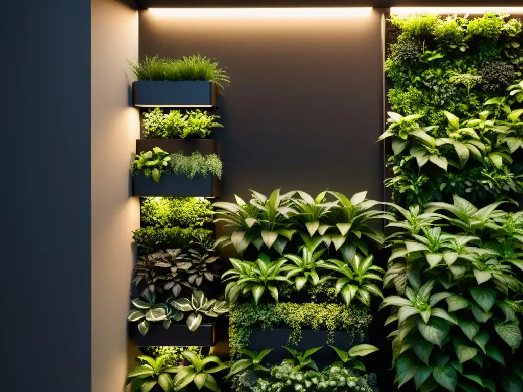 Un jardín vertical interior con iluminación LED integrada, resaltando la belleza de las plantas