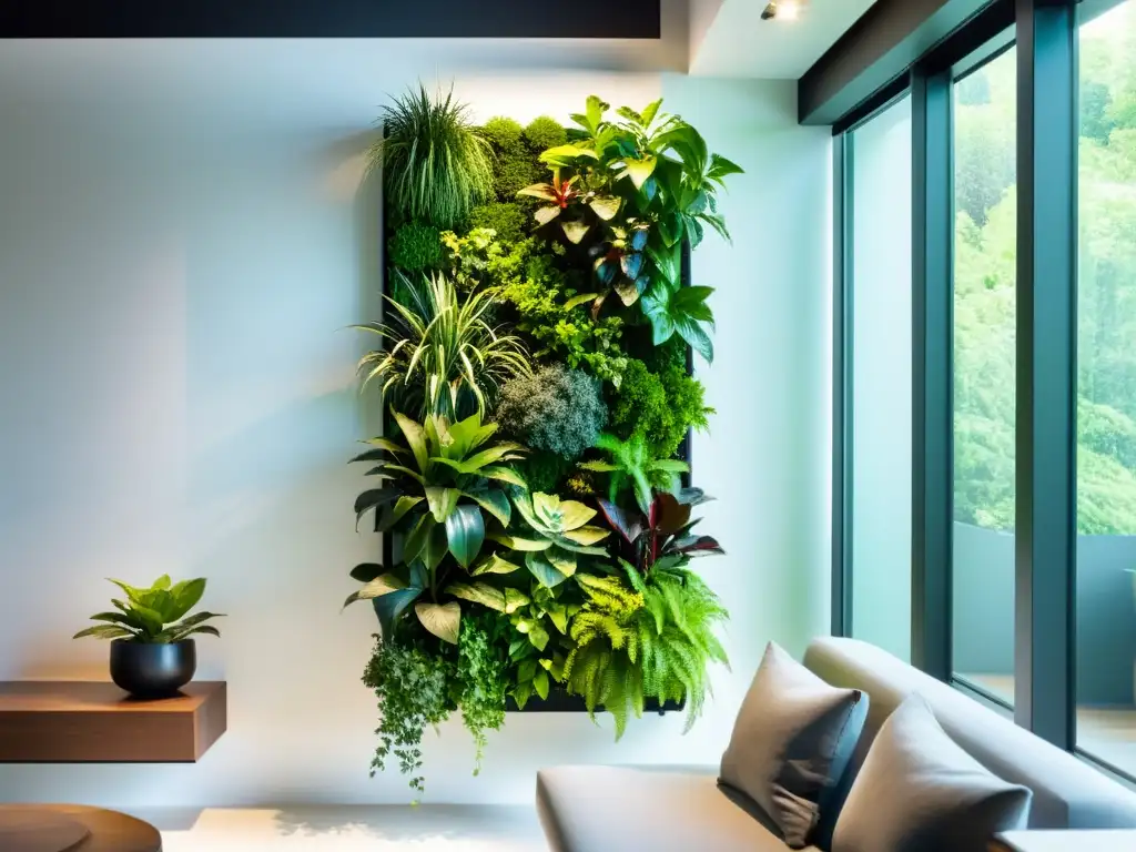 Un jardín vertical interior minimalista y elegante con una variedad de exuberantes plantas verdes, iluminado en un espacio moderno