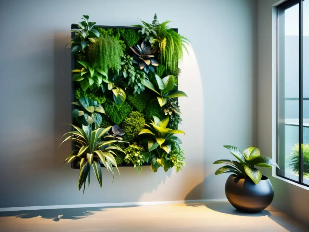 Un jardín vertical interior minimalista y elegante con exuberantes plantas en patrones geométricos, siguiendo las tendencias de cuidado de plantas en interiores