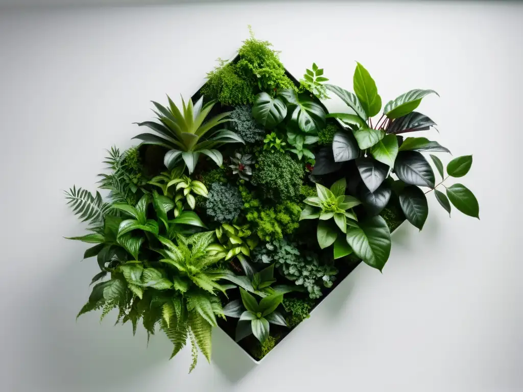 Un jardín vertical interior moderno y elegante con plantas exuberantes, que aportan beneficios a la calidad del aire