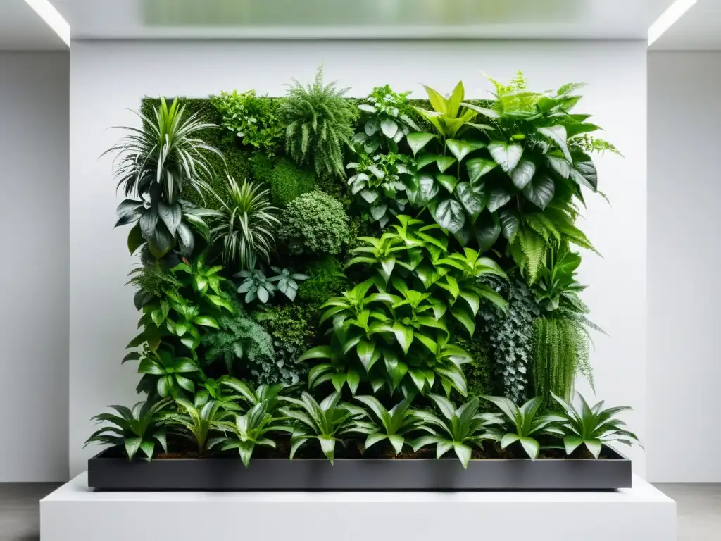 Un jardín vertical interior moderno y elegante con plantas verdes exuberantes en un diseño geométrico en una pared blanca