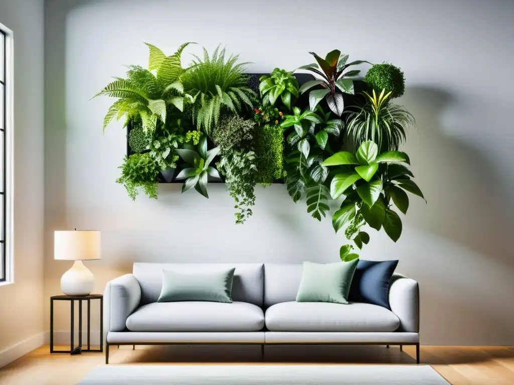 Un jardín vertical interior moderno y elegante con plantas exuberantes en un elegante macetero geométrico