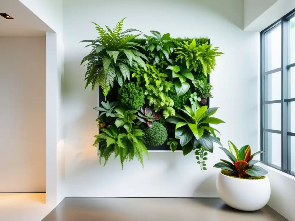 Un jardín vertical interior moderno y elegante, con exuberante vegetación en paneles blancos