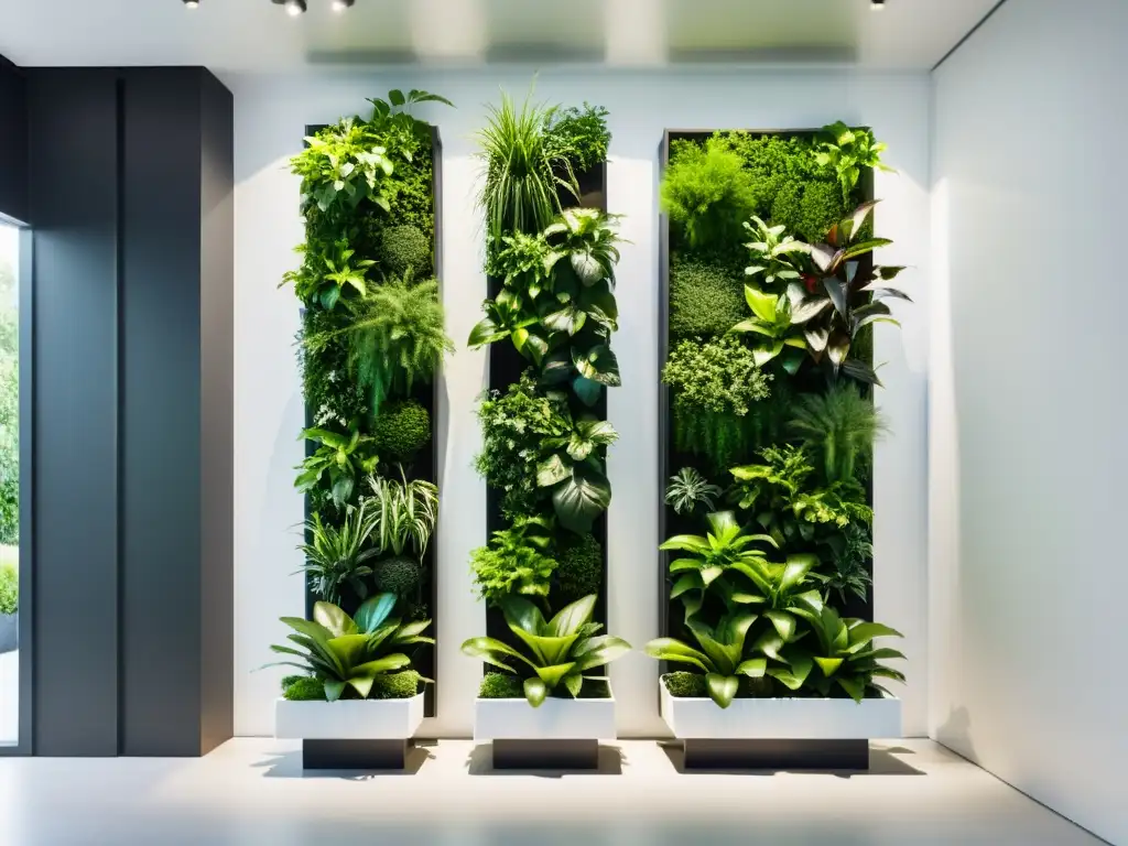 Un jardín vertical de diseño interior con plantas verdes exuberantes en modernos maceteros geométricos, crea un ambiente armonioso y sofisticado