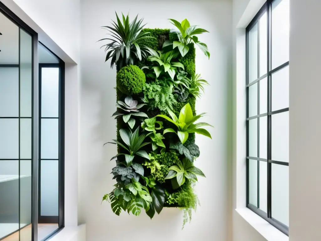 Un jardín vertical interior sereno con exuberantes plantas verdes en un diseño minimalista, creando un contraste impactante