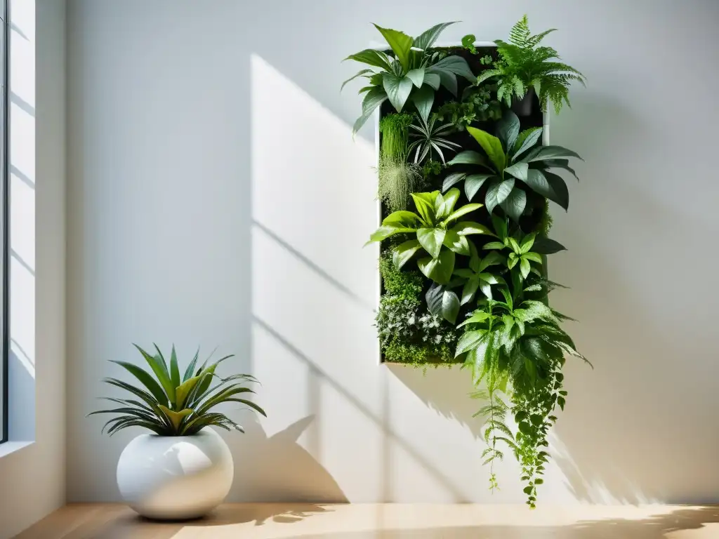 Un jardín vertical interior sereno y minimalista con exuberante vegetación, creando una atmósfera armoniosa para la salud y el bienestar