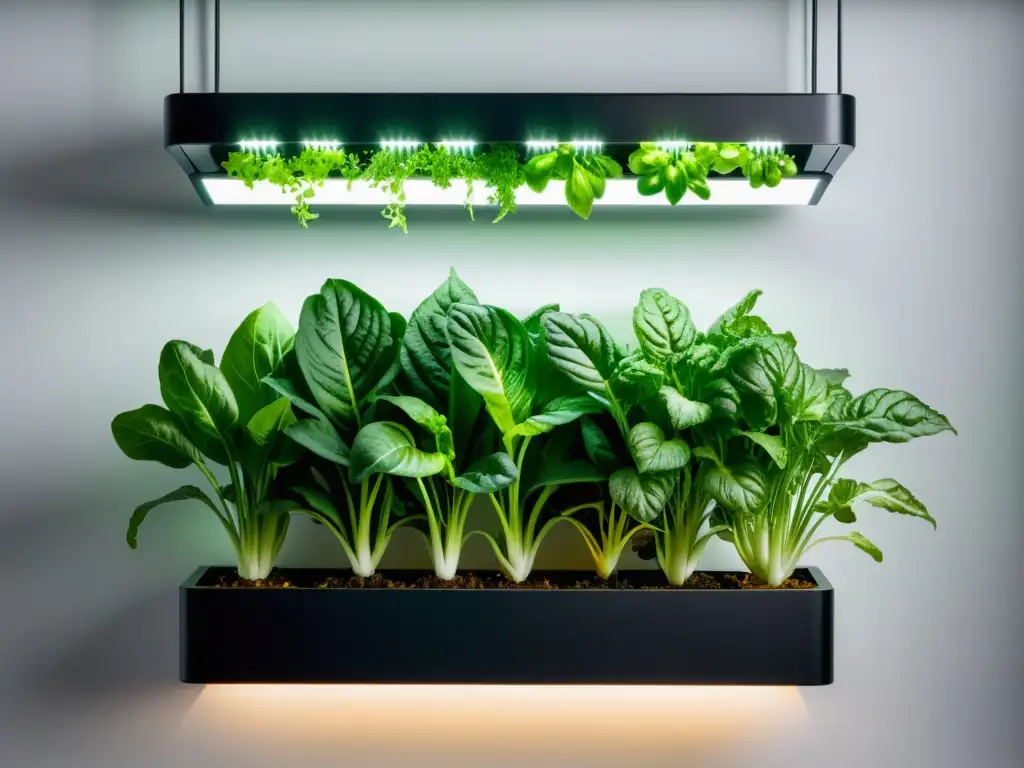 Un jardín vertical interior de vegetales vibrantes, en macetas negras, bajo luces LED