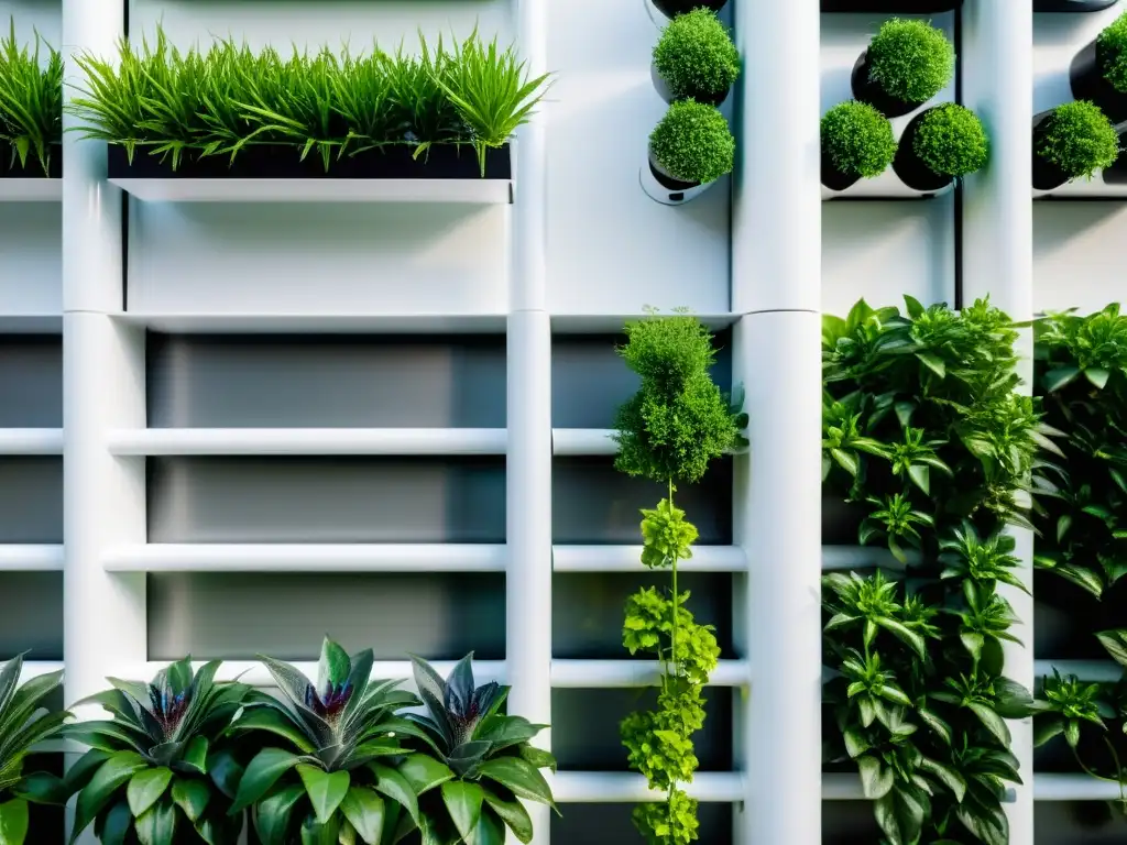 Un jardín vertical lujoso con riego eficiente y plantas vibrantes en un diseño geométrico