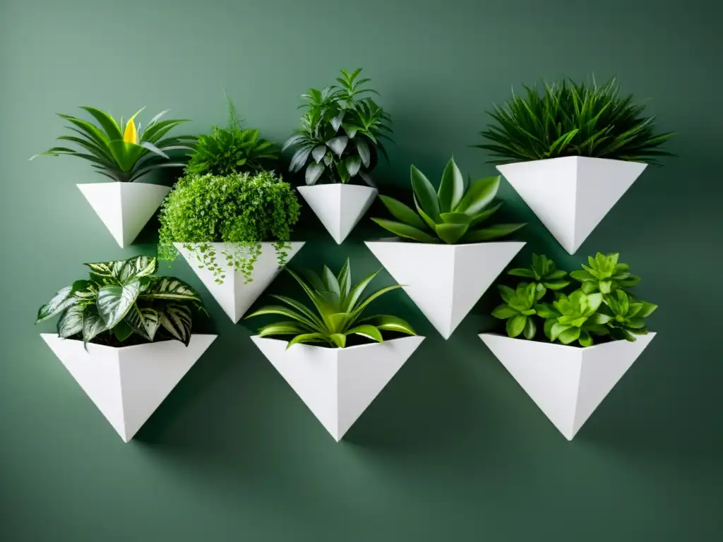 Un jardín vertical minimalista con elegantes maceteros blancos y exuberante vegetación, evocando calma y equilibrio