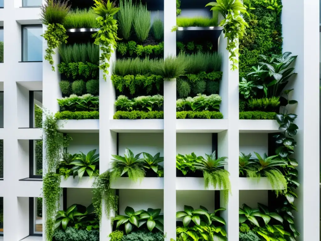 Un jardín vertical minimalista con exuberante vegetación cubriendo una elegante pared blanca