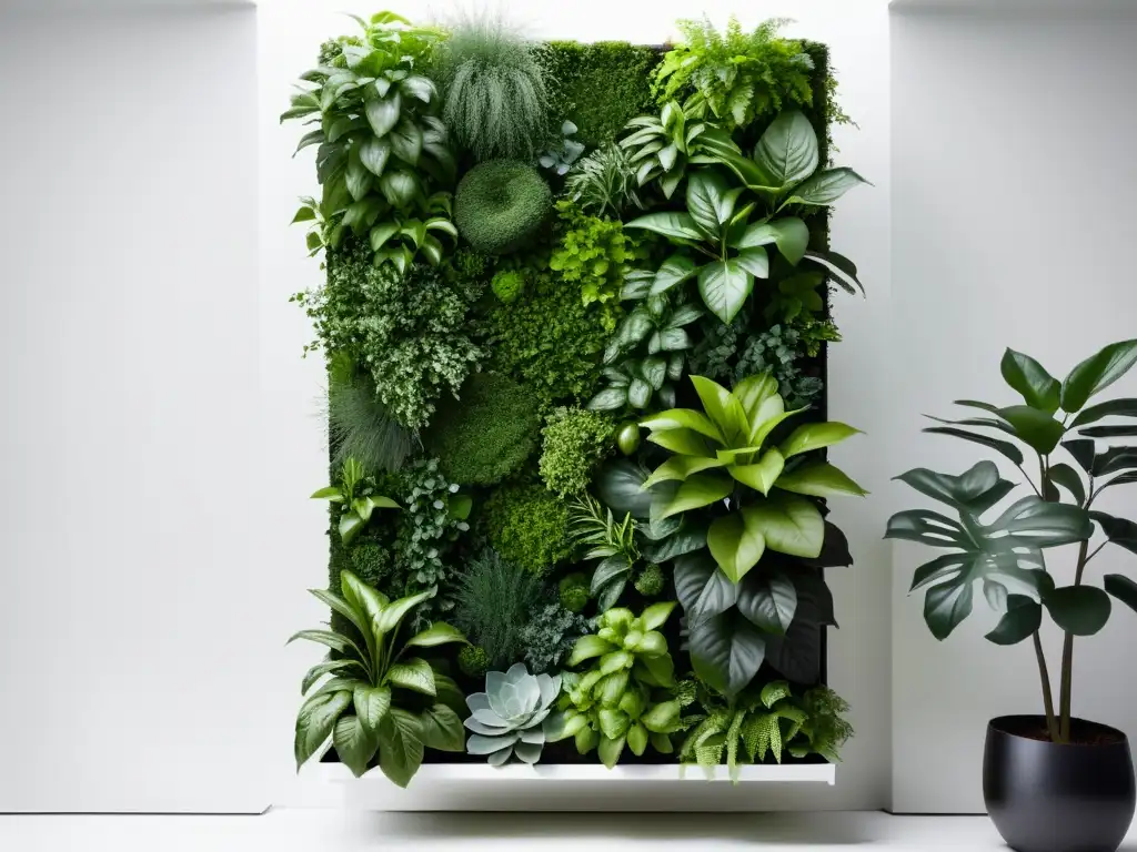 Un jardín vertical minimalista con exuberante vegetación verde en contraste con un fondo blanco, destacando un diseño moderno