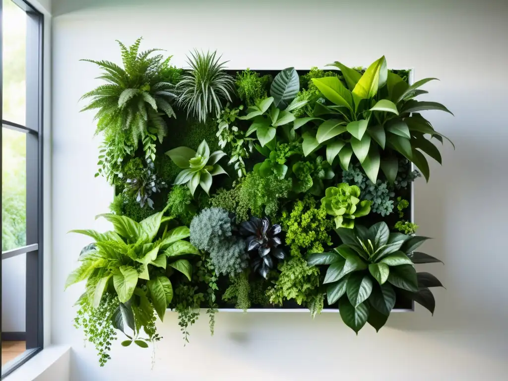 Un jardín vertical minimalista de metal con plantas verdes vibrantes, ideal para amantes de jardines verticales para plantas de interior