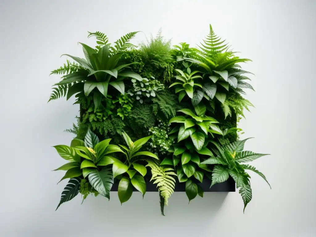 Un jardín vertical minimalista con plantas exuberantes en un diseño geométrico en una pared blanca