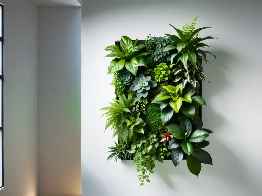 Un jardín vertical minimalista con plantas exuberantes en cascada, crea un contraste vibrante en una pared blanca