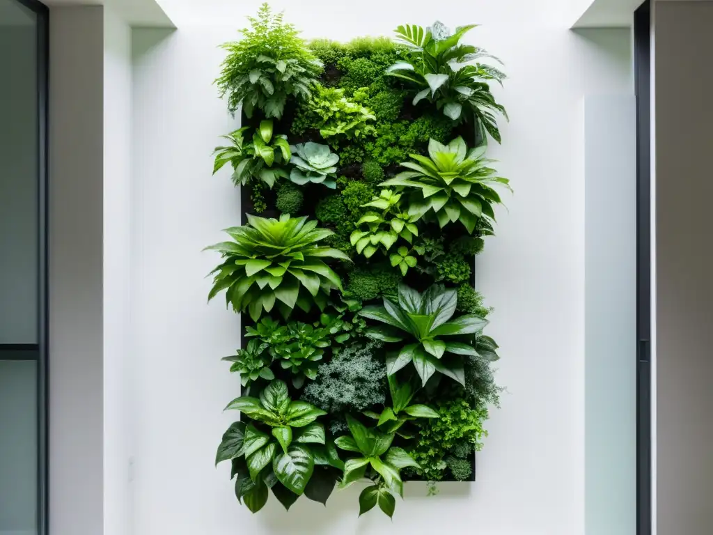 Un jardín vertical minimalista con plantas verdes exuberantes cayendo por una pared blanca, creando un ambiente sereno y natural