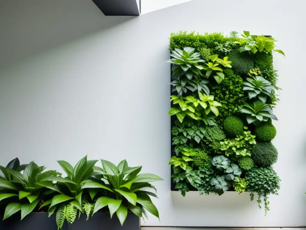 Un jardín vertical minimalista con plantas verdes vibrantes, simetría moderna y elegancia