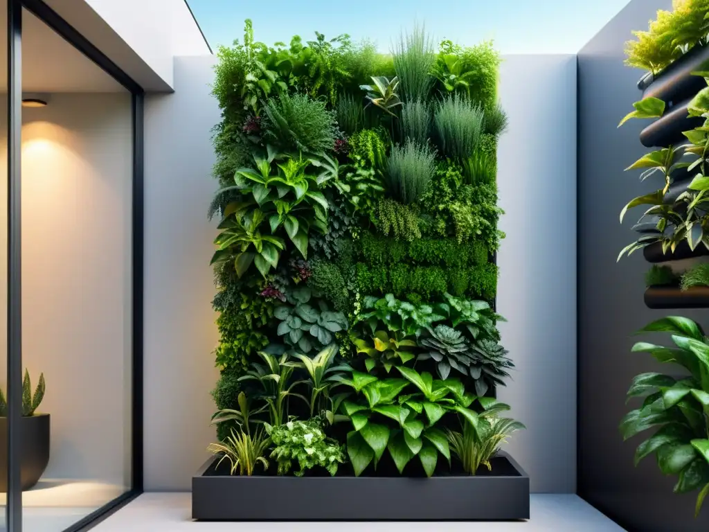 Un jardín vertical minimalista con un sistema de riego eficiente, destacando la naturaleza innovadora y sostenible del sistema de irrigación