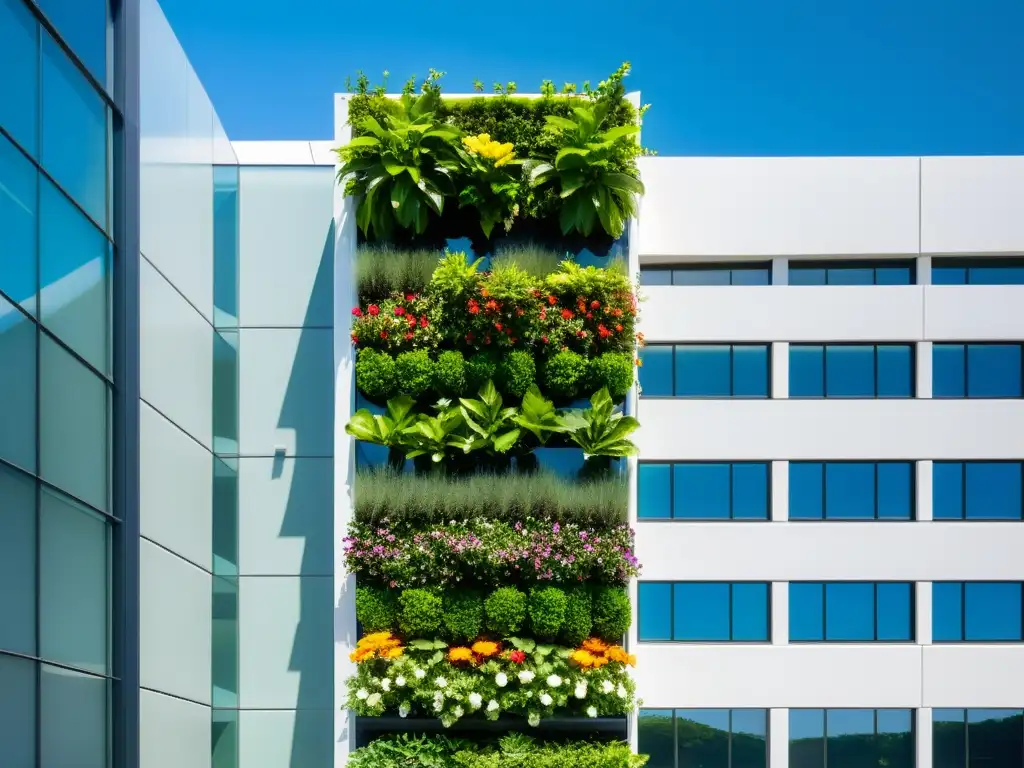 Un jardín vertical moderno y elegante en un edificio comercial, con plantas verdes exuberantes y flores coloridas