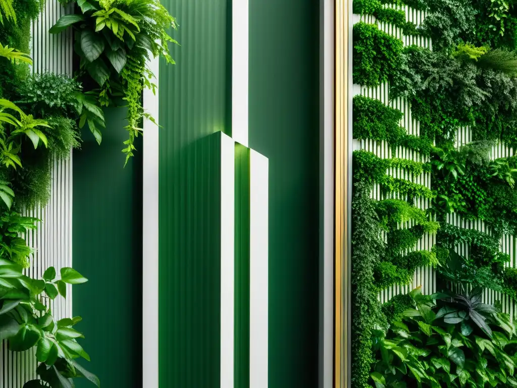 Un jardín vertical moderno y elegante con exuberantes plantas verdes en un muro blanco texturizado