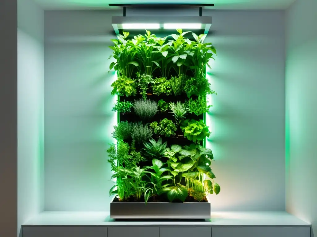 Un jardín vertical moderno y elegante con hierbas y vegetales verdes vibrantes creciendo hidropónicamente bajo luces LED en un apartamento urbano