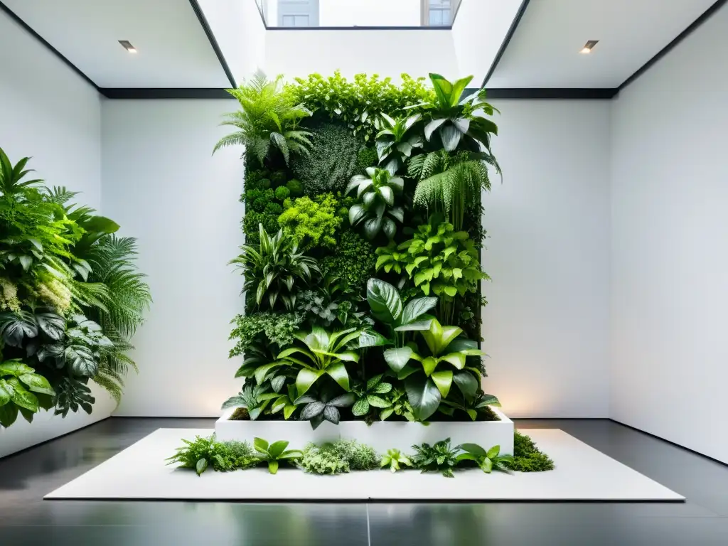 Un jardín vertical moderno y elegante con plantas de interior exuberantes y vibrantes, en un diseño simétrico