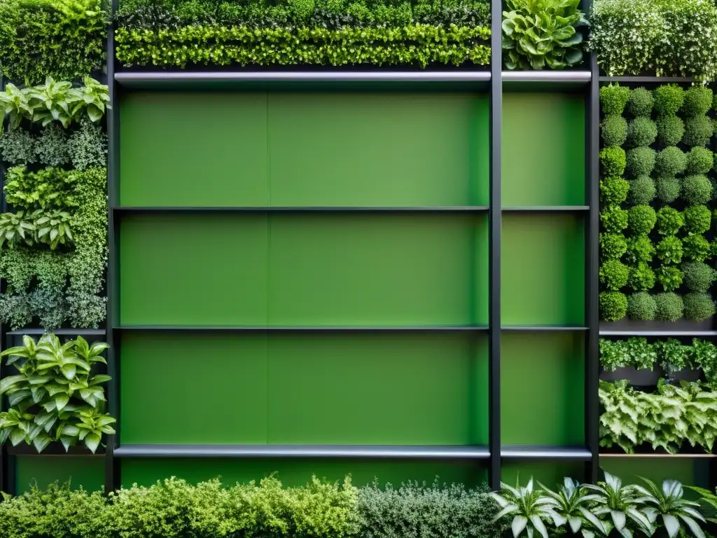 Un jardín vertical moderno y elegante con plantas verdes exuberantes y simetría