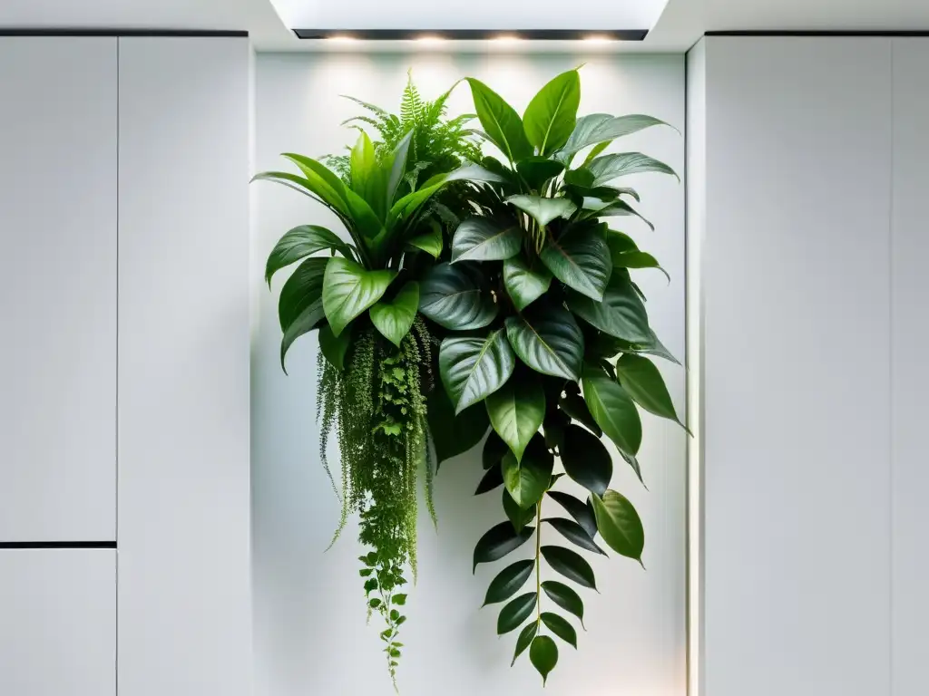 Un jardín vertical moderno y minimalista con exuberante vegetación interior