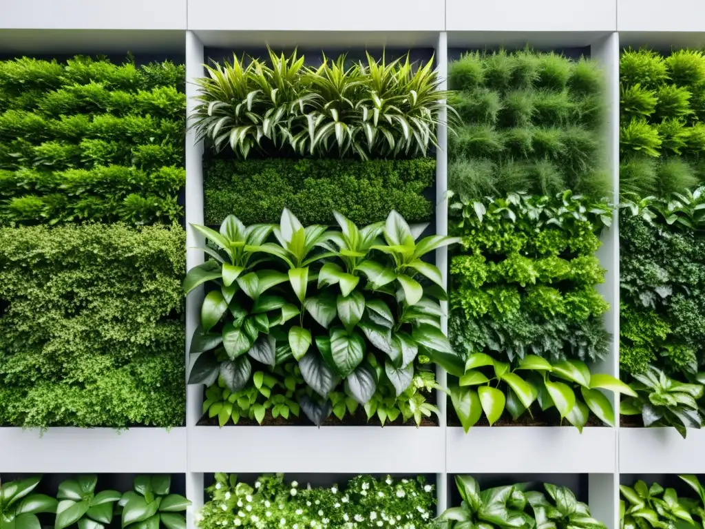 Un jardín vertical moderno y ordenado, rebosante de exuberante vegetación