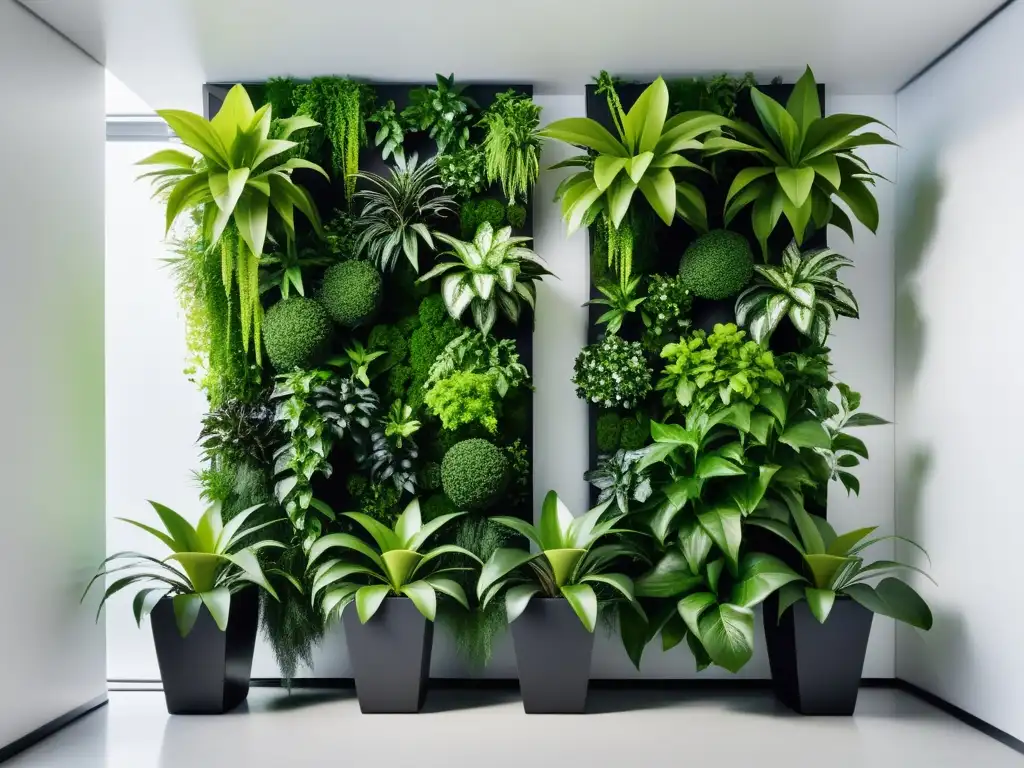 Jardín vertical moderno con plantas verdes en patrones geométricos, consejos para crear jardines verticales