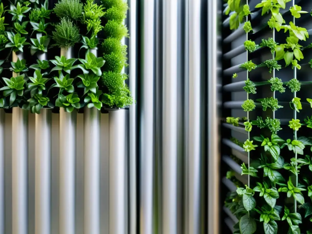 Un jardín vertical con un moderno sistema de riego eficiente, integrado de forma elegante con la exuberante vegetación