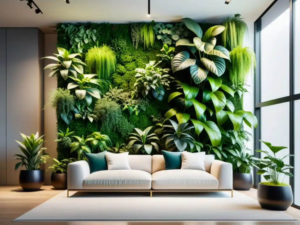 Un jardín vertical con plantas en un espacio interior, creando armonía y equilibrio según los principios del Feng Shui