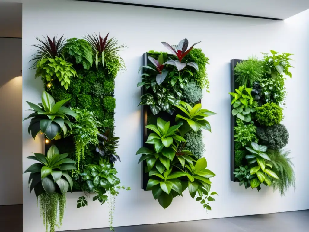 Un jardín vertical para plantas de interior, con vegetación exuberante en maceteros geométricos, aporta frescura y elegancia moderna