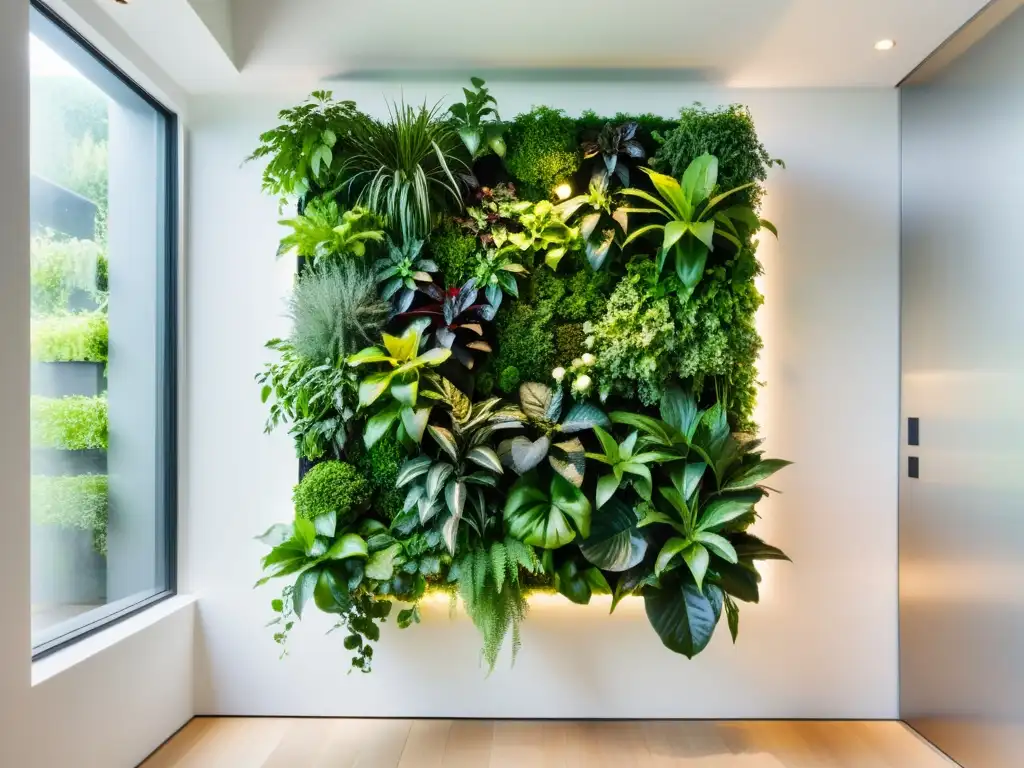 Diseño jardín vertical plantas interiores en un espacio moderno con luz natural y atmósfera serena