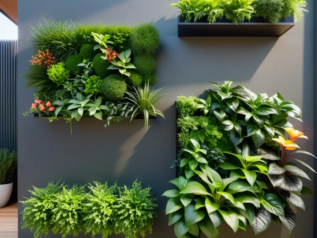 Un jardín vertical sereno y minimalista bañado por la luz del sol, con plantas verdes en patrones geométricos