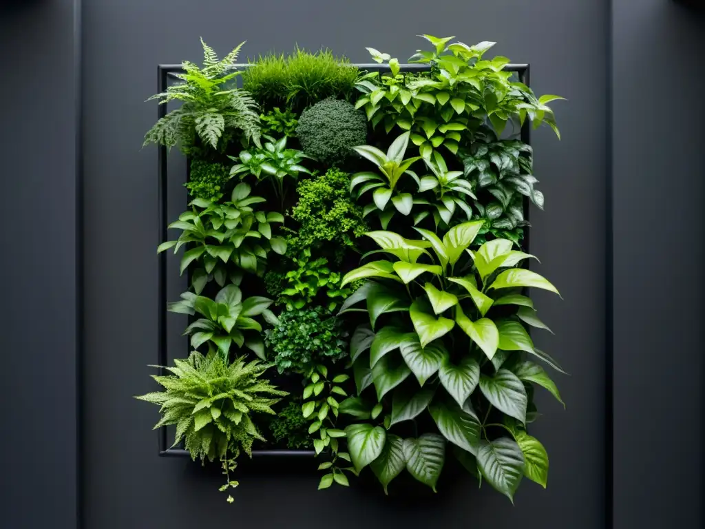 Un jardín vertical sereno y minimalista con exuberantes plantas verdes, creando un contraste impactante