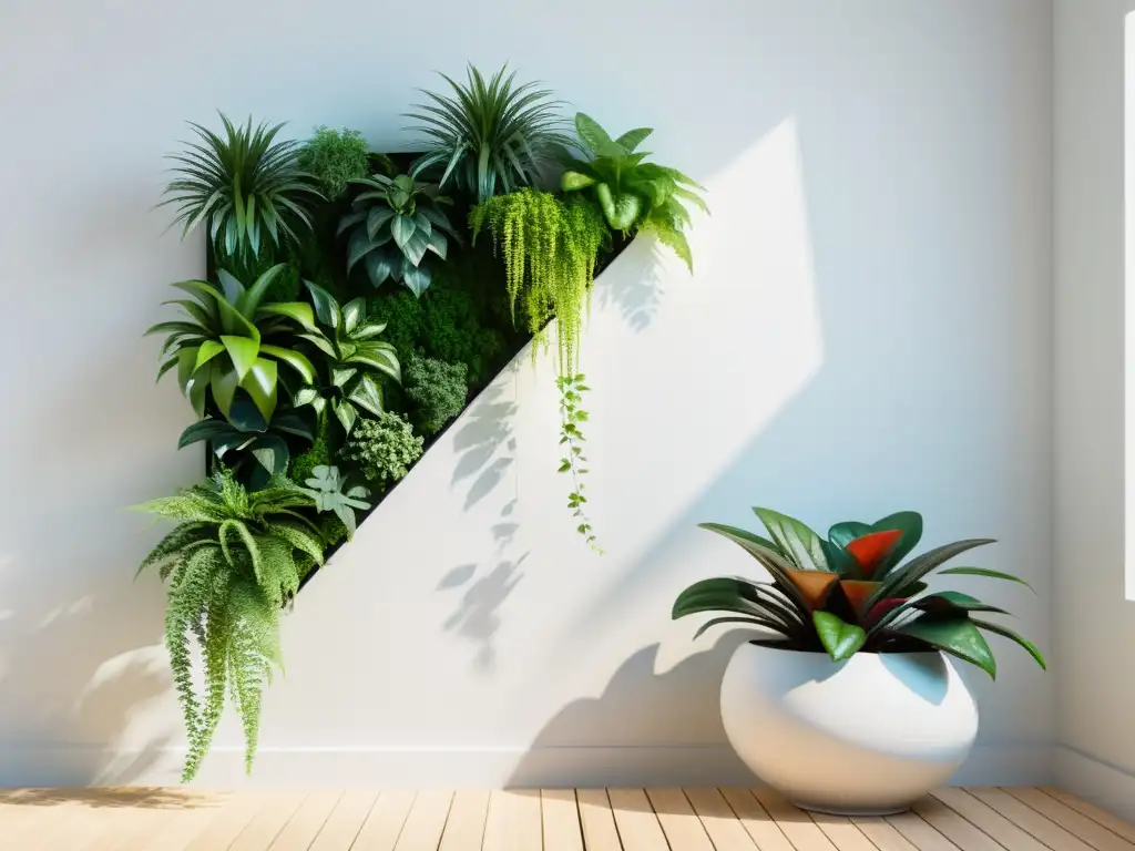 Un jardín vertical sereno y minimalista con una variedad de plantas vibrantes en contraste con una pared blanca