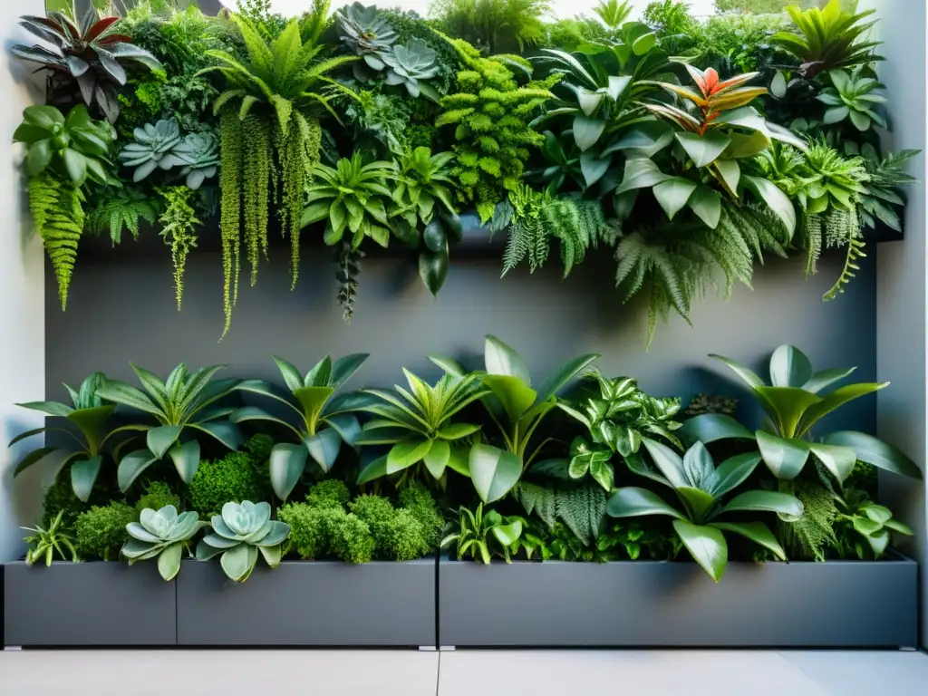 Un jardín vertical sereno y minimalista con una variedad de exuberantes plantas verdes, ideal para principiantes en jardines verticales