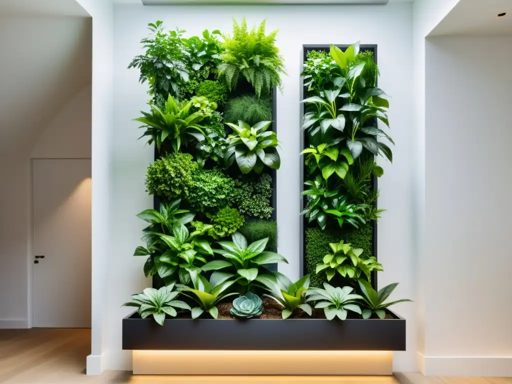 Un jardín vertical interior sostenible con un diseño simétrico, destacando la belleza de los jardines verticales de interior sostenibles