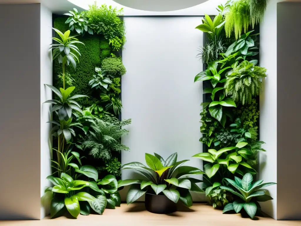 Un jardín vertical interior sostenible con plantas vibrantes y diseño moderno, creando una atmósfera serena y visualmente impactante