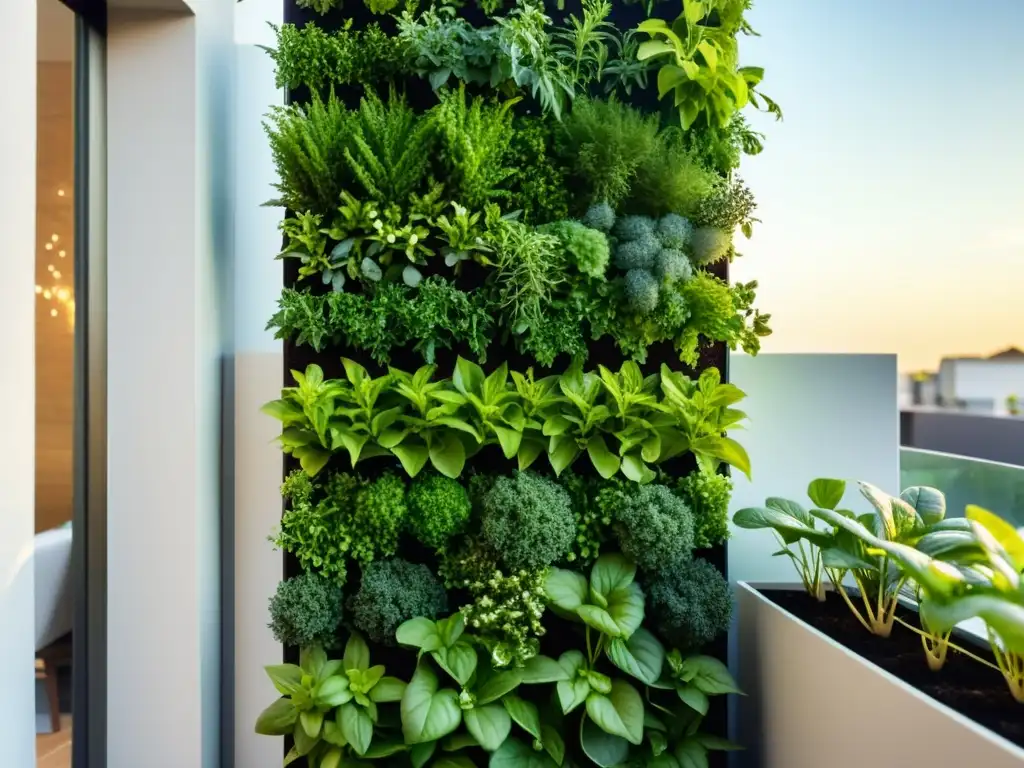 Jardín vertical con vegetales y hierbas en terraza soleada, ideal para cultivar vegetales en espacios reducidos