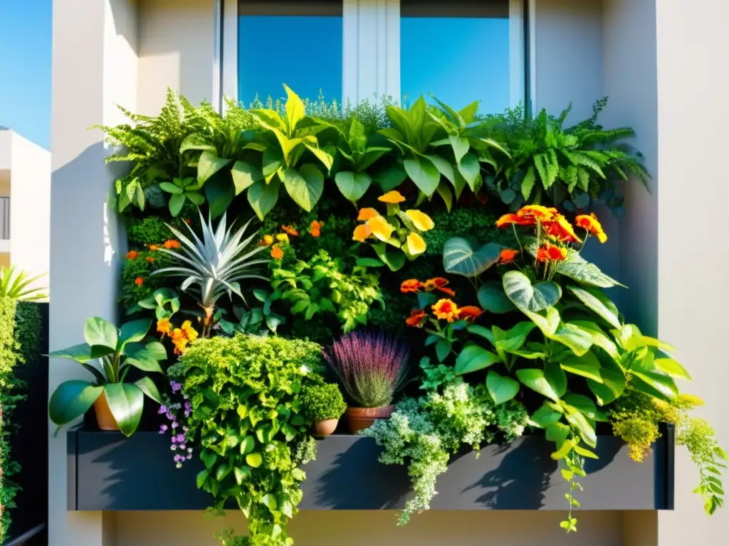 Un jardín vertical vibrante y armonioso en un balcón pequeño