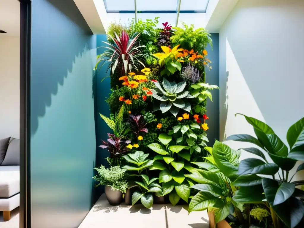 Un jardín vertical vibrante y exuberante en una casa moderna y minimalista, creado para enseñar y maravillar a los niños