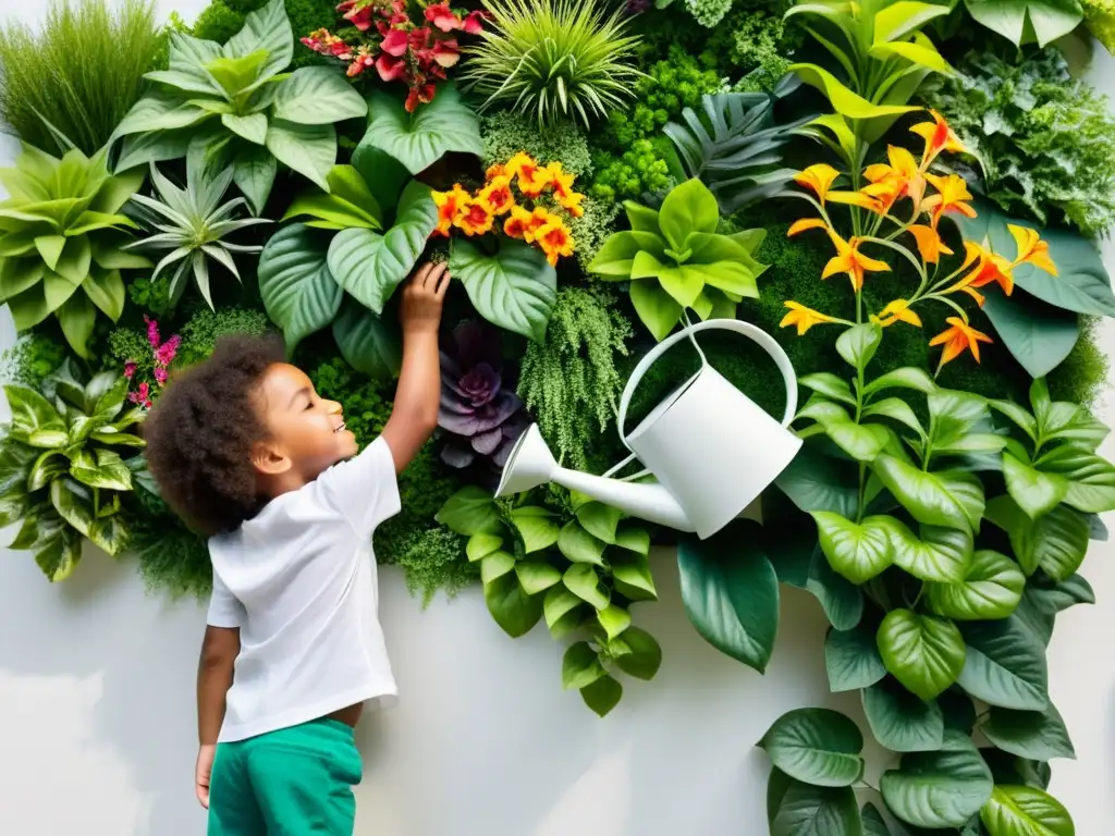 Un jardín vertical vibrante con plantas verdes, flores coloridas y la mano de un niño explorando