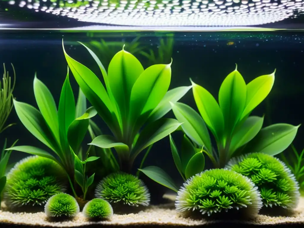 Vibrante acuario con plantas verdes creando patrones hipnóticos en el agua, destacando el fertilizante acuario plantas de interior