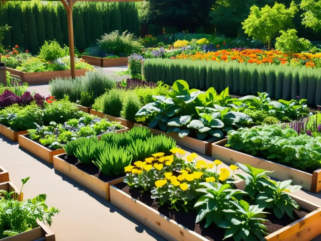 Jardín comunitario exuberante en 8k: plantas vibrantes y cuidado meticuloso Vibrante comunidad de jardín con plantas saludables y cuidadas, bañadas por cálida luz solar