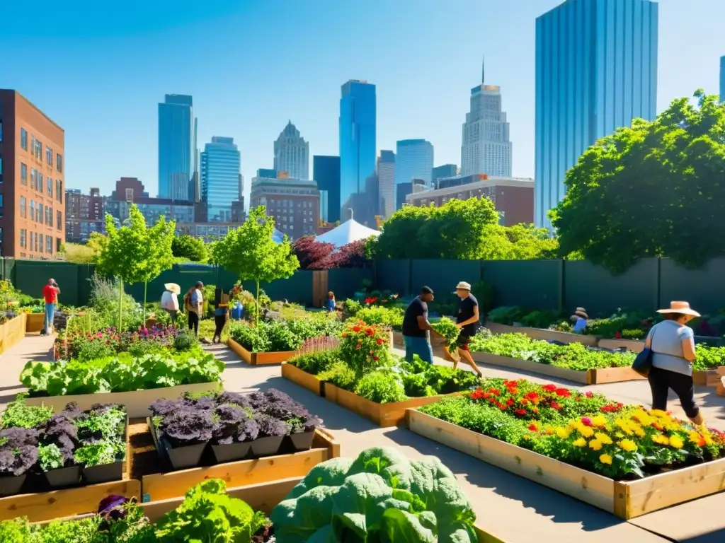 Un vibrante jardín comunitario en la ciudad, con flores coloridas y vegetales exuberantes